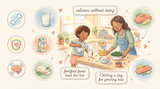 Non dairy calcium foods for kids: hand-drawn illustration of fortified soy milk, orange juice, tofu, kale and chia seeds