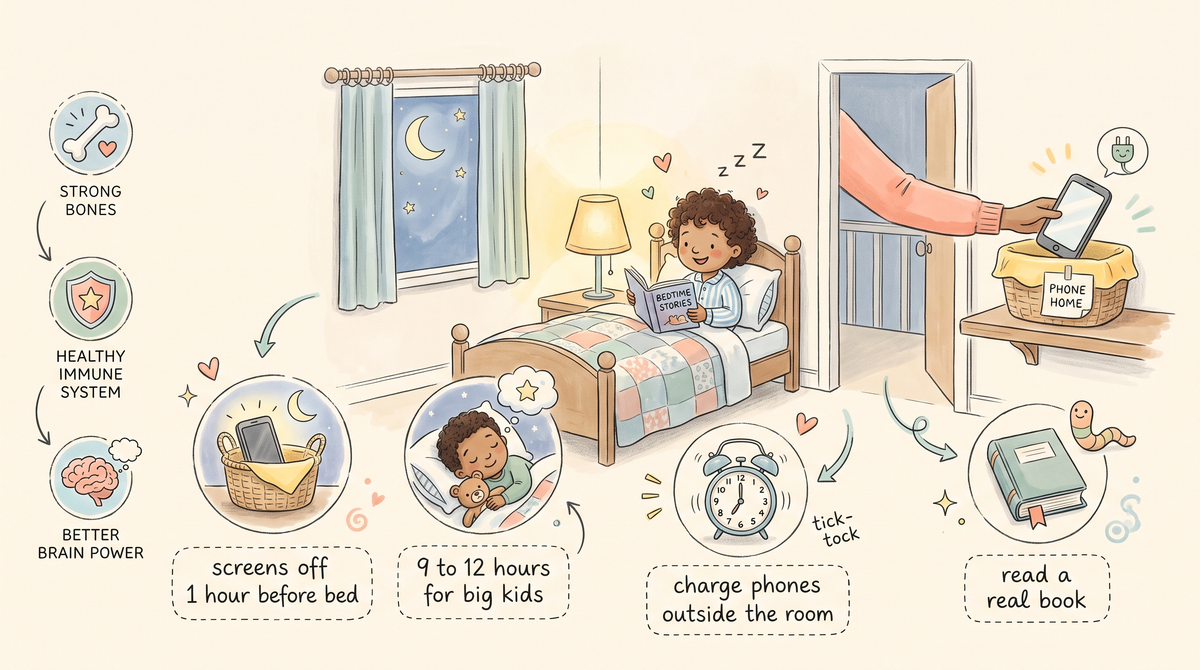 Screen time before bed guide for kids: hand-drawn illustration of healthy bedtime habits, screens off one hour before bed and phones charged outside the bedroom