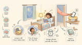 Screen time before bed guide for kids: hand-drawn illustration of healthy bedtime habits, screens off one hour before bed and phones charged outside the bedroom
