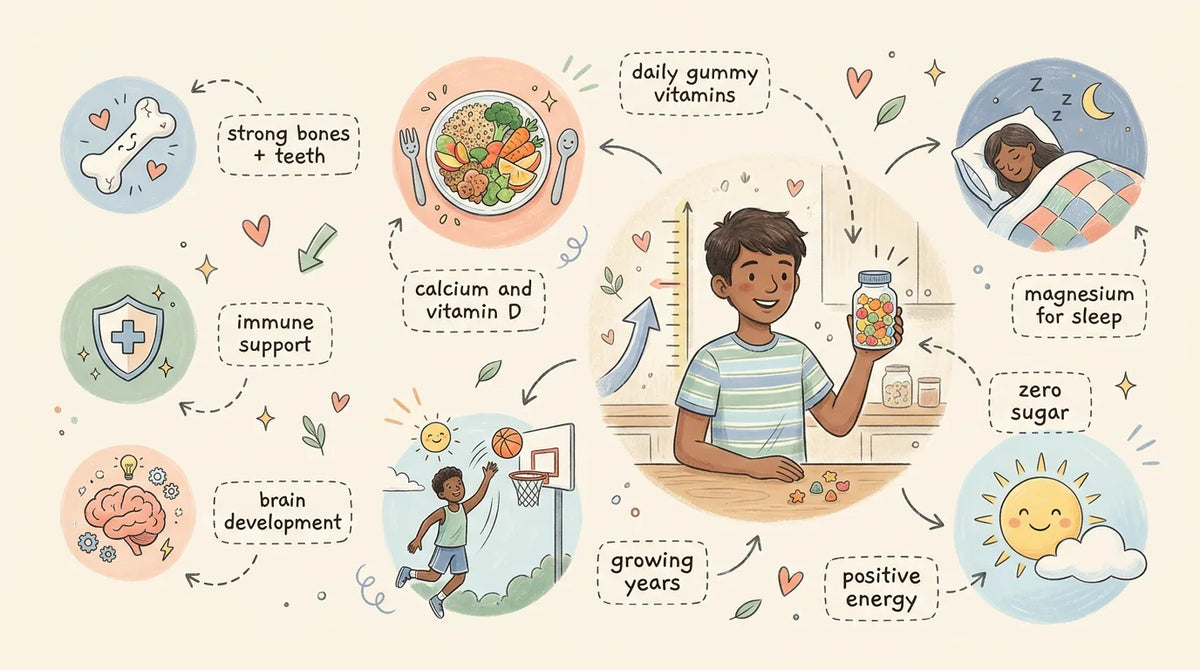 Friendly teen at a kitchen counter holding a sugar-free daily gummy vitamin, surrounded by the key nutrients growing teens need