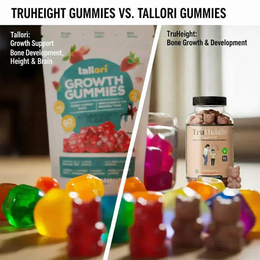 Tallori vs TruHeight gummies head-to-head comparison showing sugar content ingredients omega 3 and which is best for kids growth