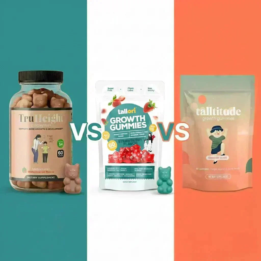 TruHeight reviews vs Tallori vs Talltitude growth gummies comparison showing ingredients sugar content and best option for picky eaters ages 5 to 16