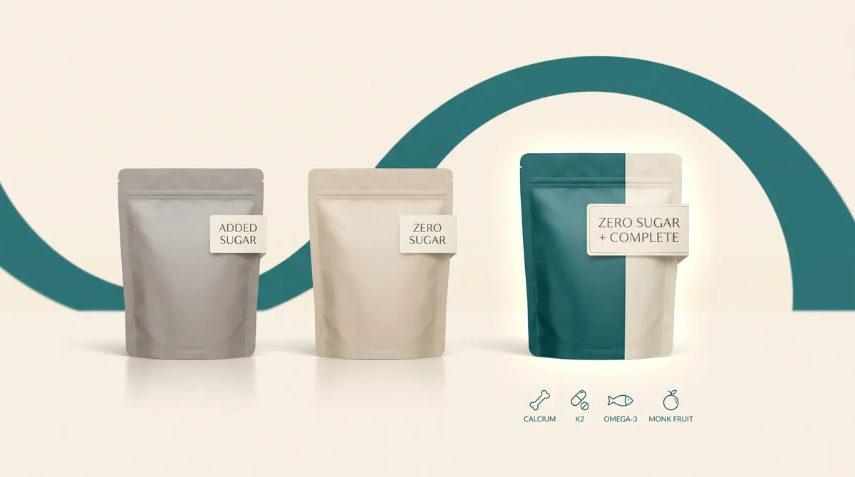 TruHeight vs Talltitude vs Tallori: added sugar, zero sugar, and zero sugar plus complete formula with calcium, K2, omega-3