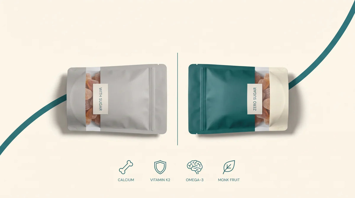 TruHeight with-sugar gummy pouch vs Tallori zero-sugar pouch, head to head, with calcium, K2, omega-3, monk fruit