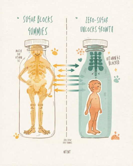 Zero-sugar growth gummies for kids infographic showing how sugar blocks vitamin K2 absorption while monk fruit allows nutrient delivery to bones
