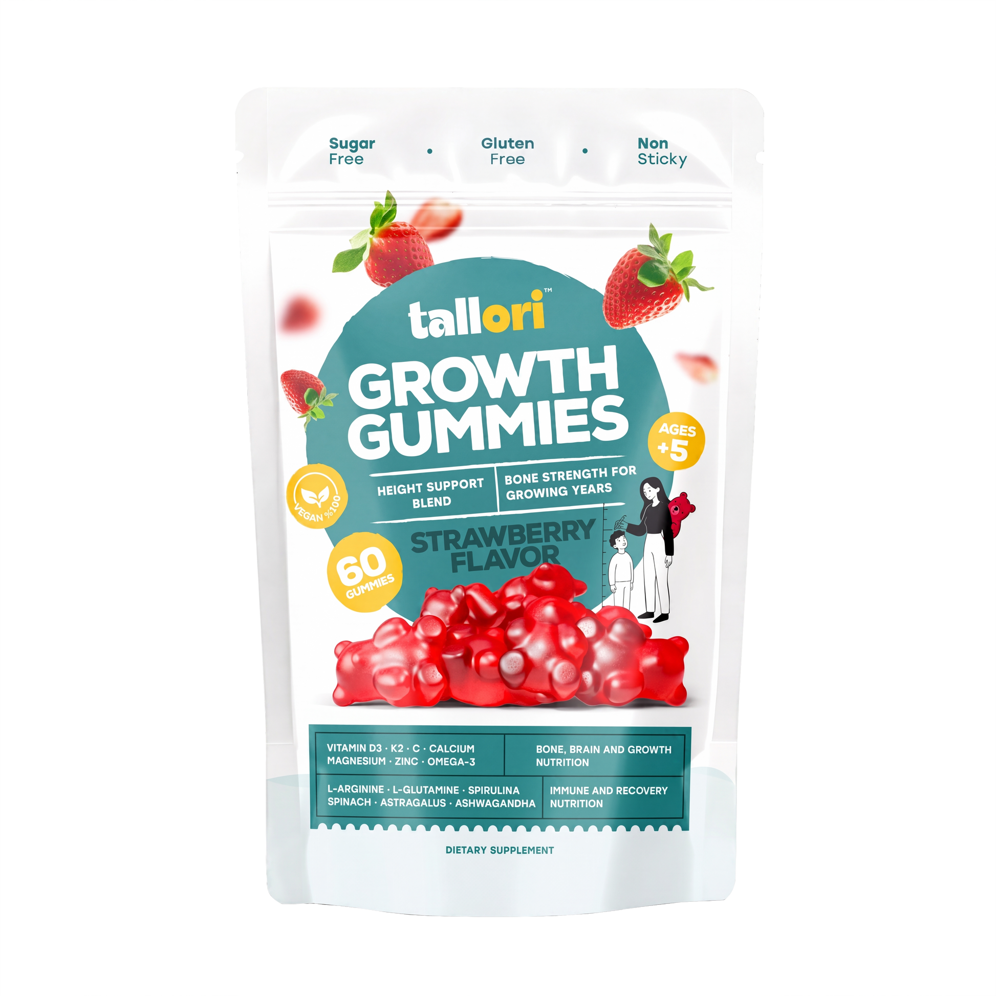 Tallori Growth Gummies pouch front, sugar free and gluten free strawberry multivitamin gummies for kids ages 5 and up, 60 gummies per pouch