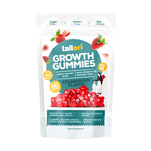 Tallori Growth Gummies pouch front, sugar free and gluten free strawberry multivitamin gummies for kids ages 5 and up, 60 gummies per pouch