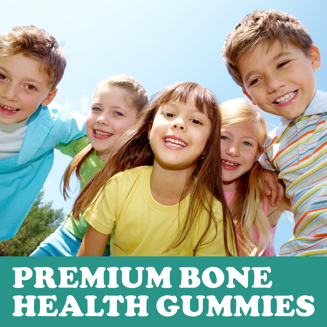 Group of smiling children outdoors under a blue sky above the text premium bone health gummies