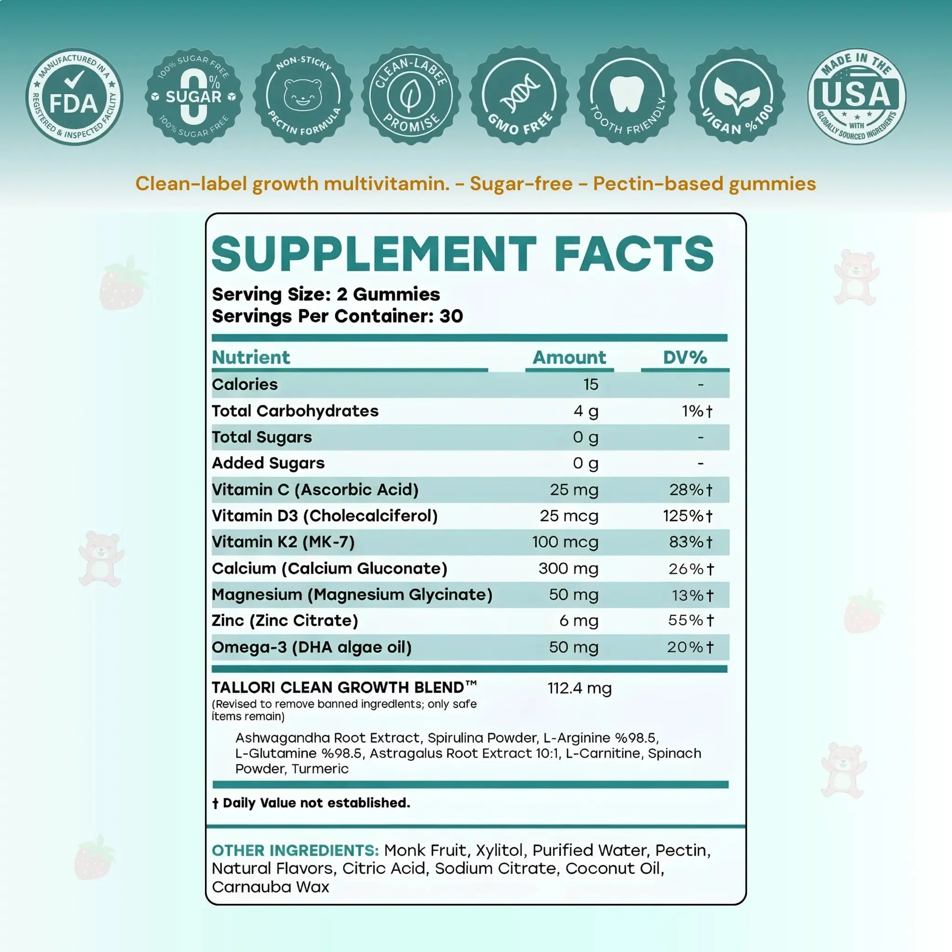 Tallori Supplement facts label for sugar-free clean-label growth multivitamin gummies with vitamins, minerals, and plant extracts