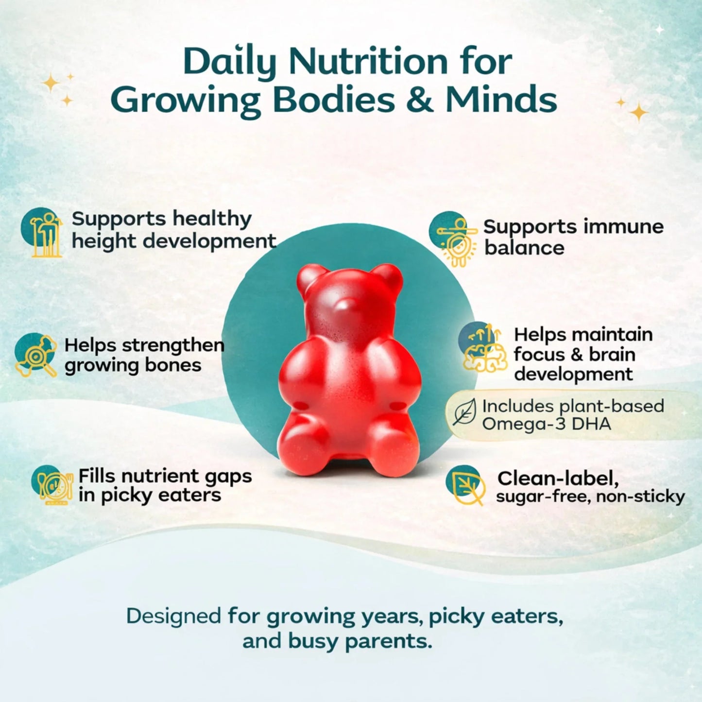 Tallori benefits text highlighting growth, immune support, brain development, and sugar-free nutrition