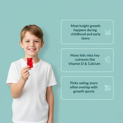 Smiling boy in white shirt holding red gummy with height growth facts on blue background