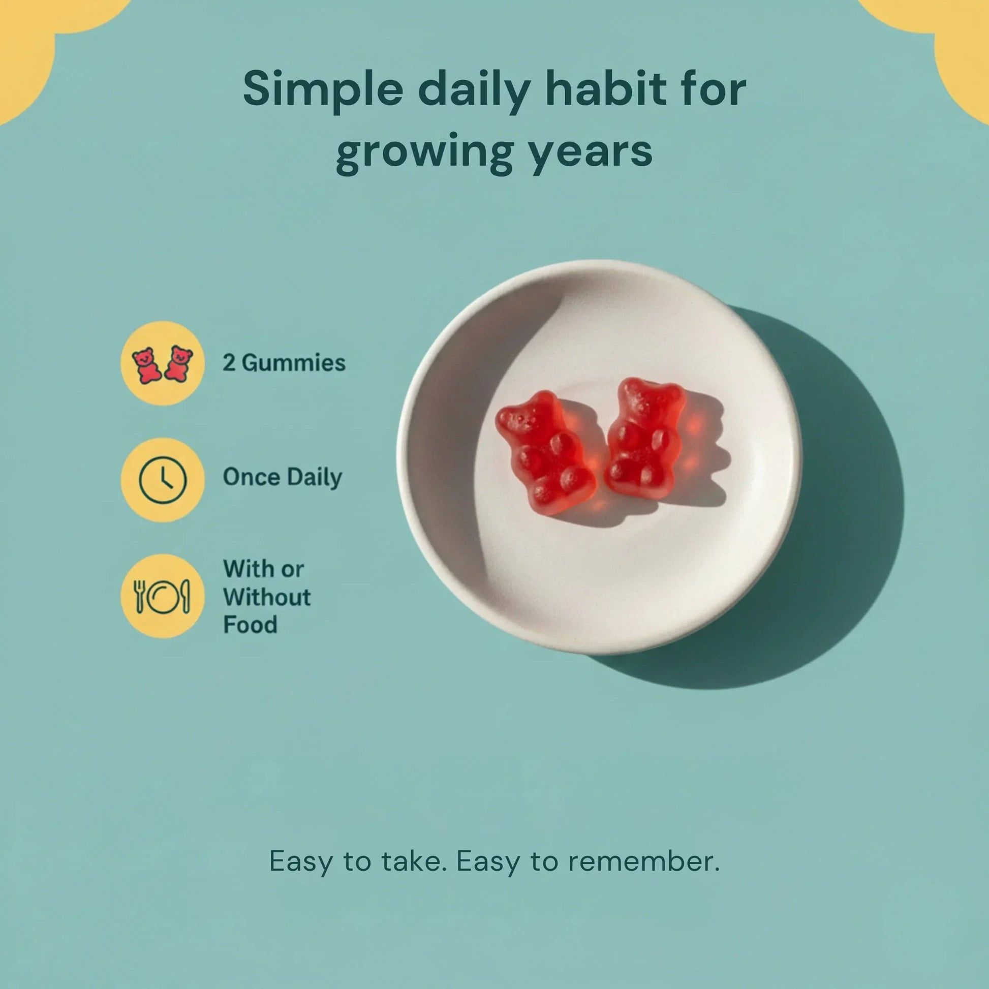 Two red gummy bears on white plate with instructions for daily growth gummies intake